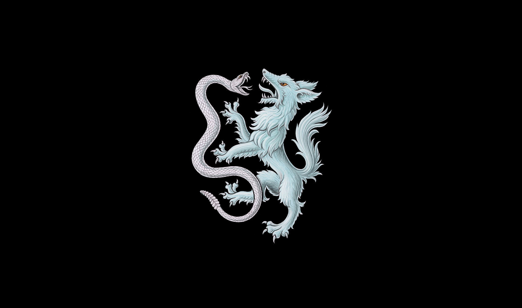 A stylized illustration of a pale blue wolf and a white snake facing off against each other on a solid black background. The wolf stands upright on its hind legs, baring its teeth and claws, while the snake coils around and faces the wolf with its mouth open in a striking pose. The artwork emphasizes contrast and tension between the two creatures, symbolizing a balance of power, instinct, and danger.
