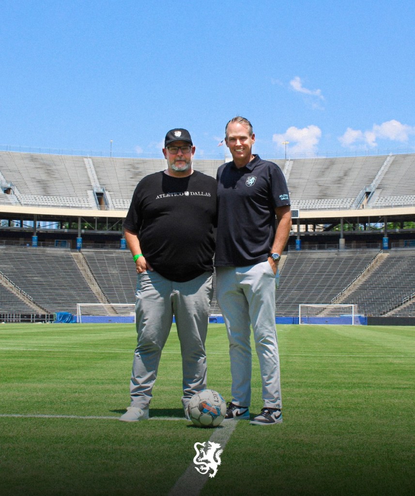 Sam Morton and Matt Valentine inside the pitch at Cotton Bowl Stadium, Fair Park.