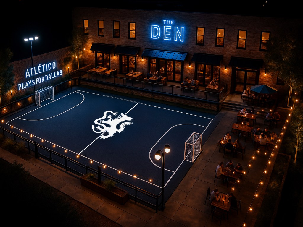 rendering of the proposed Expo Park street court and beer garden by Atlético Dallas