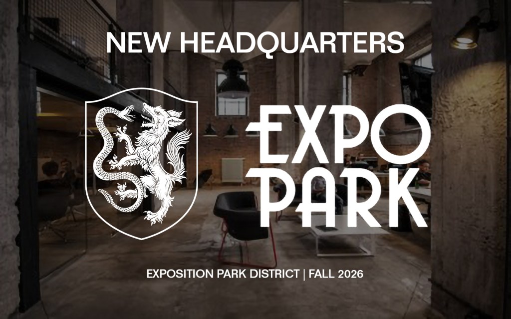 Interior office photo with text: New Headquarters, Expo Park, Exposition Park, Fall 2026